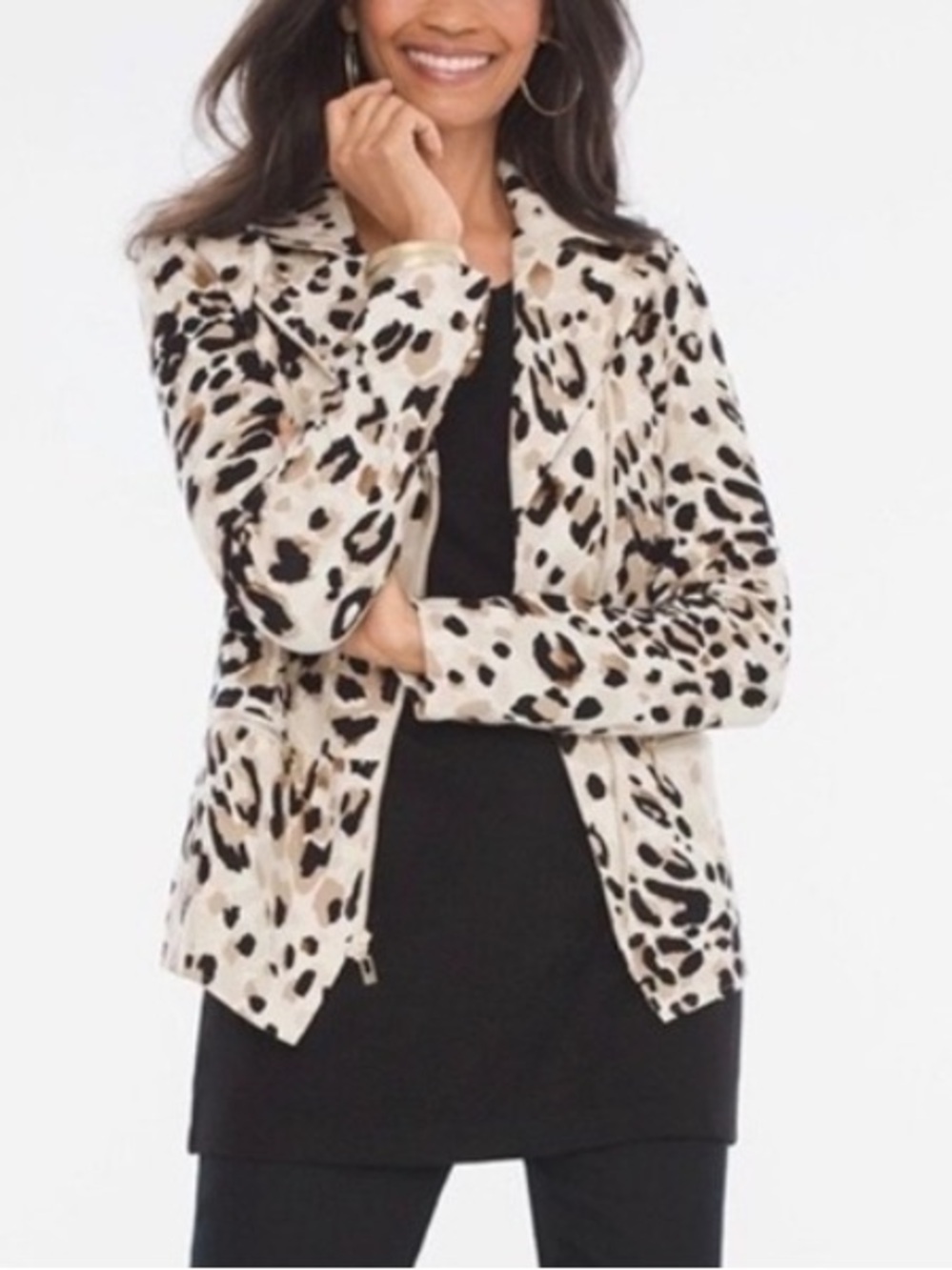 NEW Chico's Moto Leopard-Print Zip-Front Jacket in Black, Tan & Cream